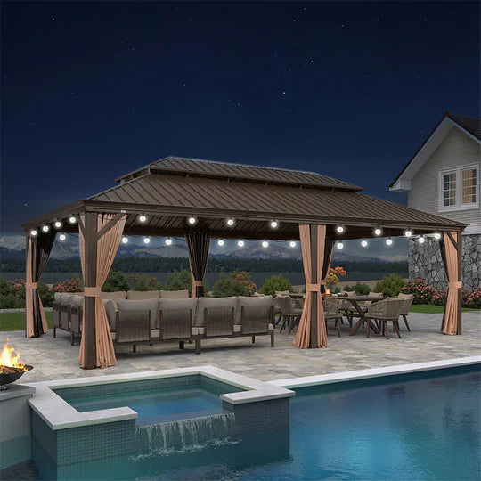 PURPLE LEAF Gazebo da Giardino con Tetto Rigido Doppio Tetto Bronzo, Pergola in Alluminio con Catena Luminosa Bianco Latte