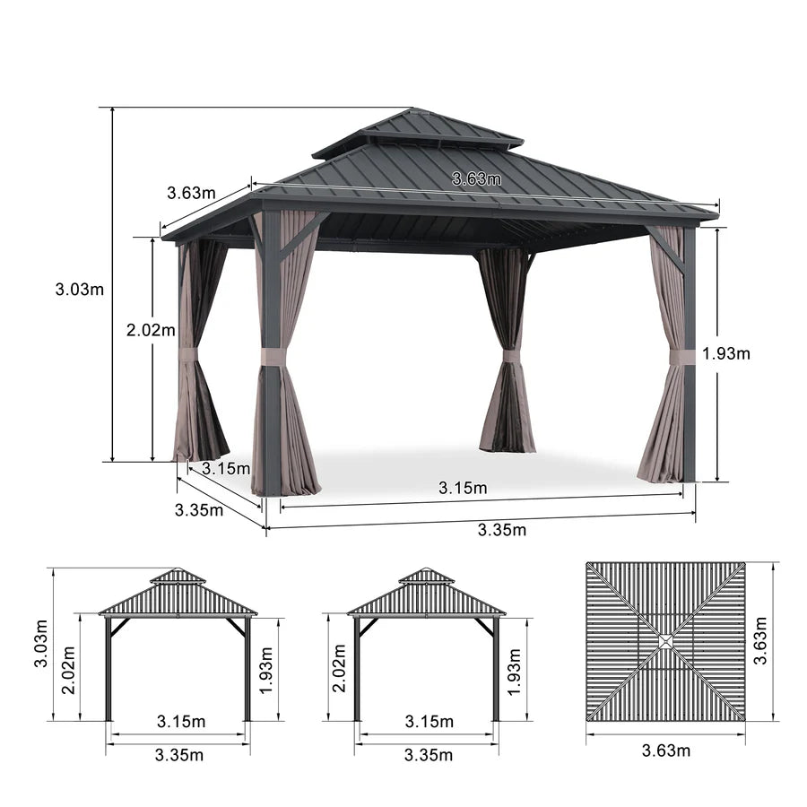 PURPLE LEAF Gazebo da Giardino Esterno,Tetto Doppio in Acciaio Galvanizzato, Resistente alla Corrosione, con Guirlanda Luminosa Trasparente, Modello Leggero - Grigio