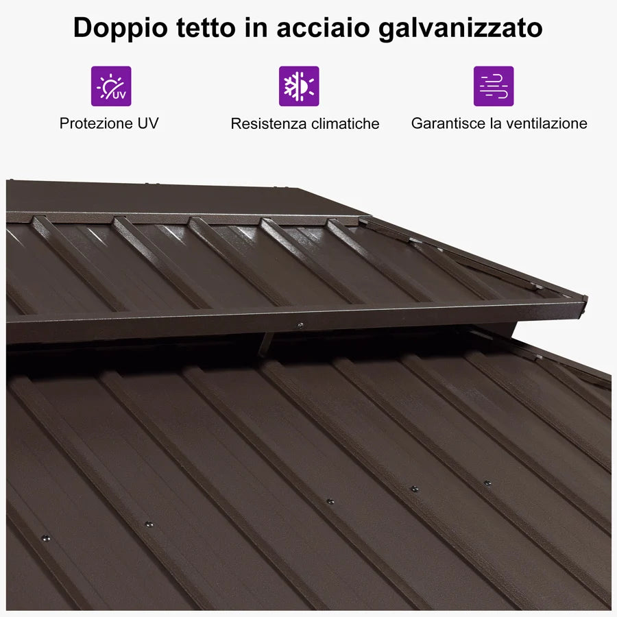 Purple Leaf Gazebo da Giardino Bronzer con Doppio Tetto in Acciaio Zincato, Zanzariere, Tende e catena di luci Color Latte
