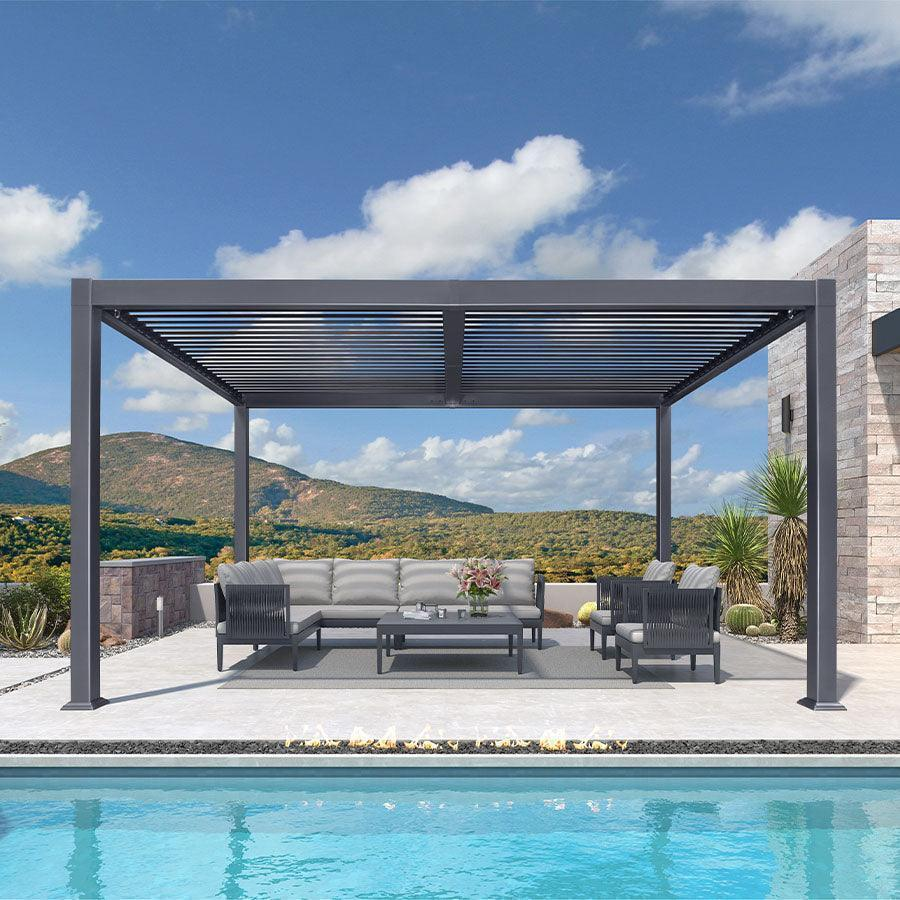 PURPLE LEAF Pergola Bioclimatica Pergola in Alluminio da Esterno struttura robusta drenaggio nascosto con Tetto Regolabile per Terrazzo e Giardino Grigio
