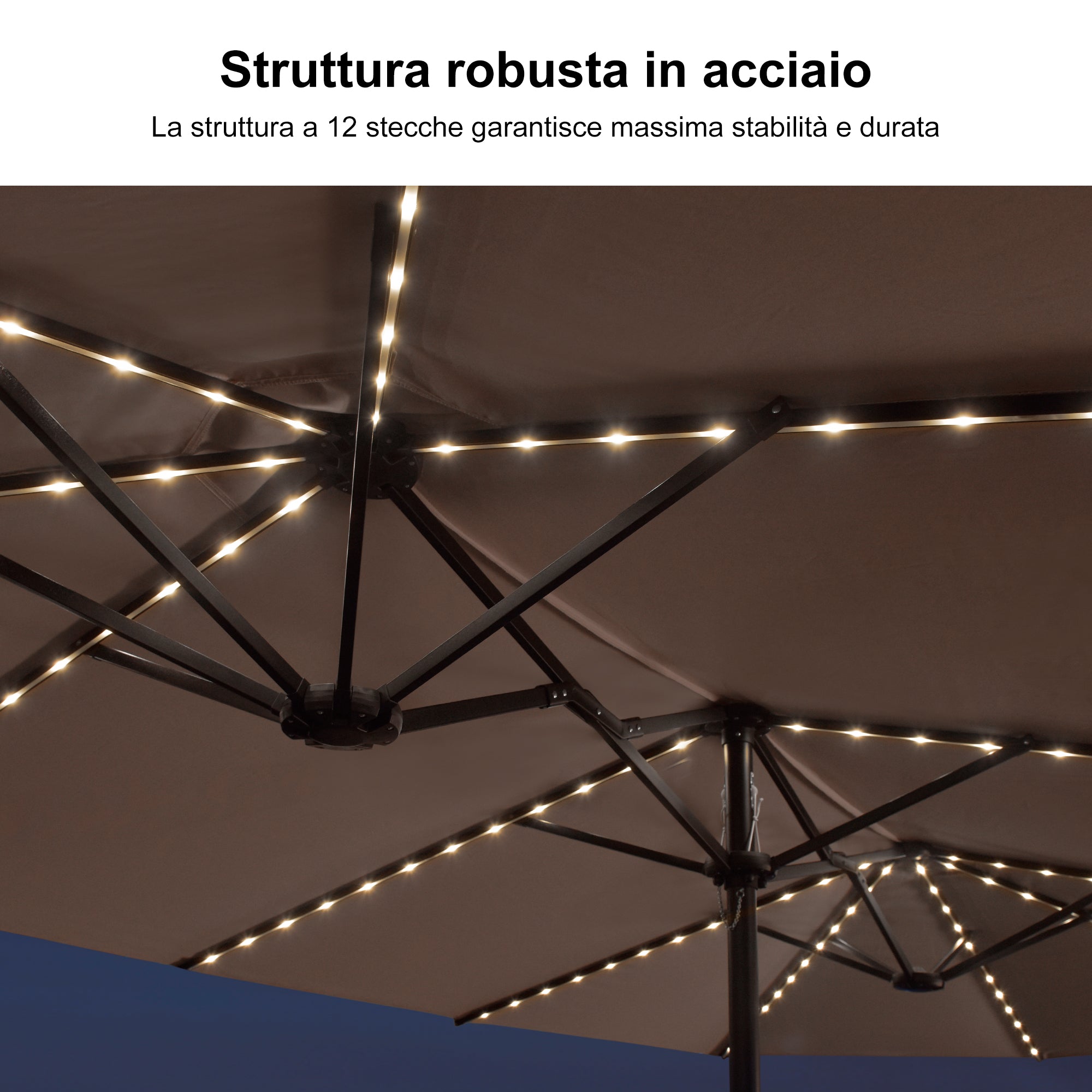 PURPLE LEAF Ombrellone doppio con illuminazione LED con base inclusa per esterni