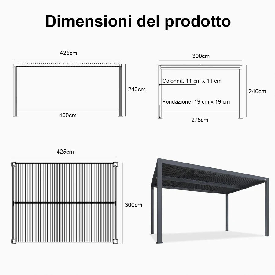 PURPLE LEAF Pergola Bioclimatica a Lamelle con Tetto Regolabile Moderna Alluminio Pergolati da Giardino per Patio Terrazza Esterno Grigio