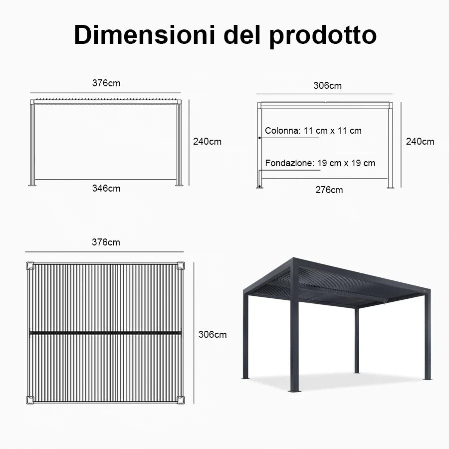PURPLE LEAF Pergola Bioclimatica a Lamelle con Tetto Regolabile Moderna Alluminio Pergolati da Giardino per Patio Terrazza Esterno Grigio