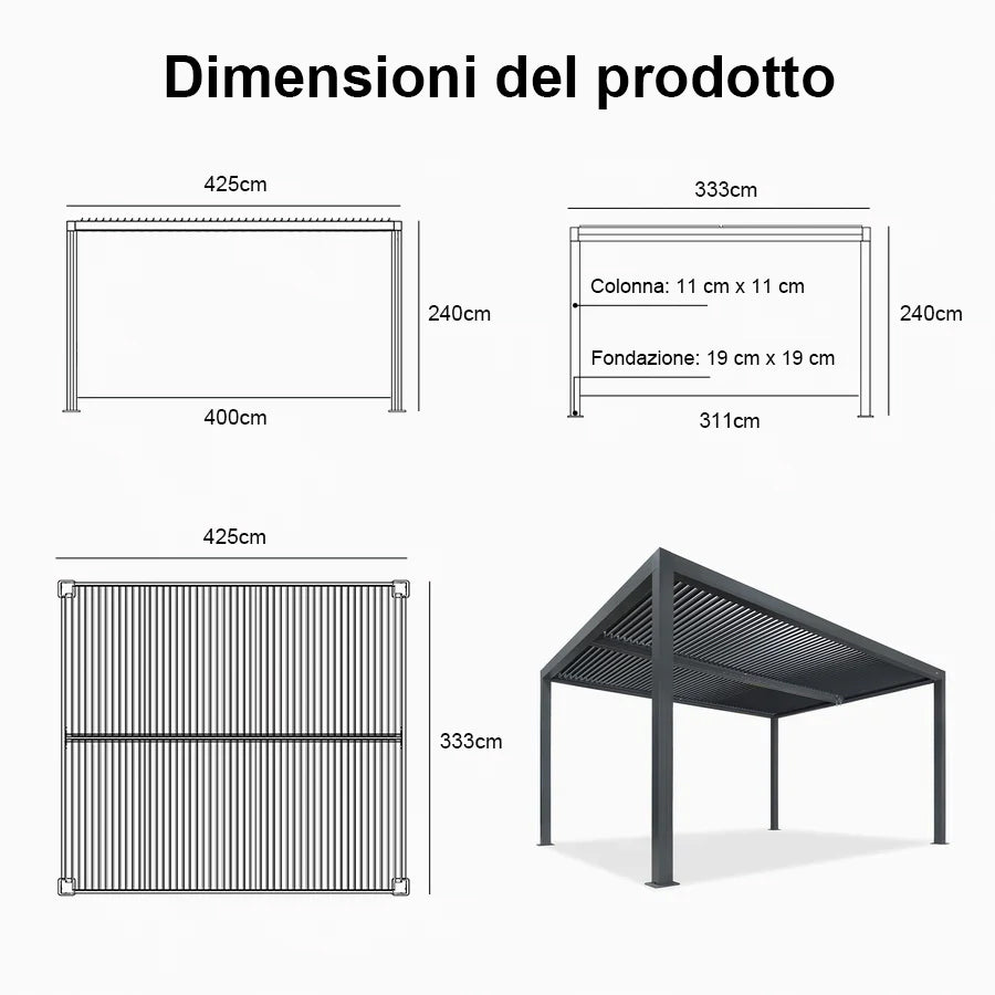 PURPLE LEAF Pergola Bioclimatica a Lamelle con Tetto Regolabile Moderna Alluminio Pergolati da Giardino per Patio Terrazza Esterno Grigio