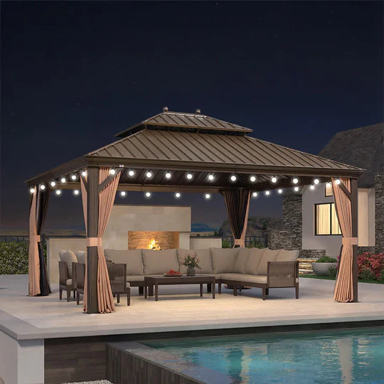 PURPLE LEAF Gazebo da Giardino con Tetto Rigido Doppio Tetto Bronzo, Pergola in Alluminio con Catena Luminosa Bianco Latte