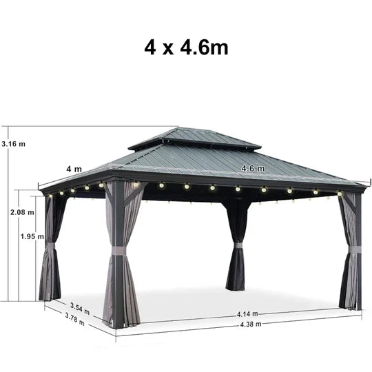 PURPLE LEAF Gazebo da Giardino in Alluminio Grigio , Tetto Doppio in Acciaio Zincato, con Zanzariere e Tende, Corredato da Ghirlande Luminose di Latte