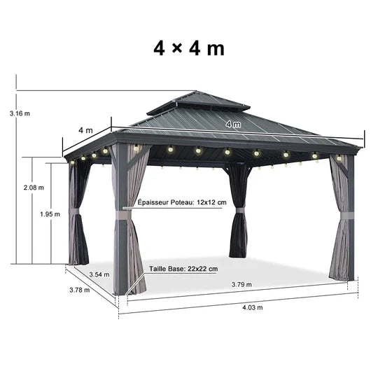 PURPLE LEAF Gazebo da Giardino in Alluminio Grigio , Tetto Doppio in Acciaio Zincato, con Zanzariere e Tende, Corredato da Ghirlande Luminose di Latte