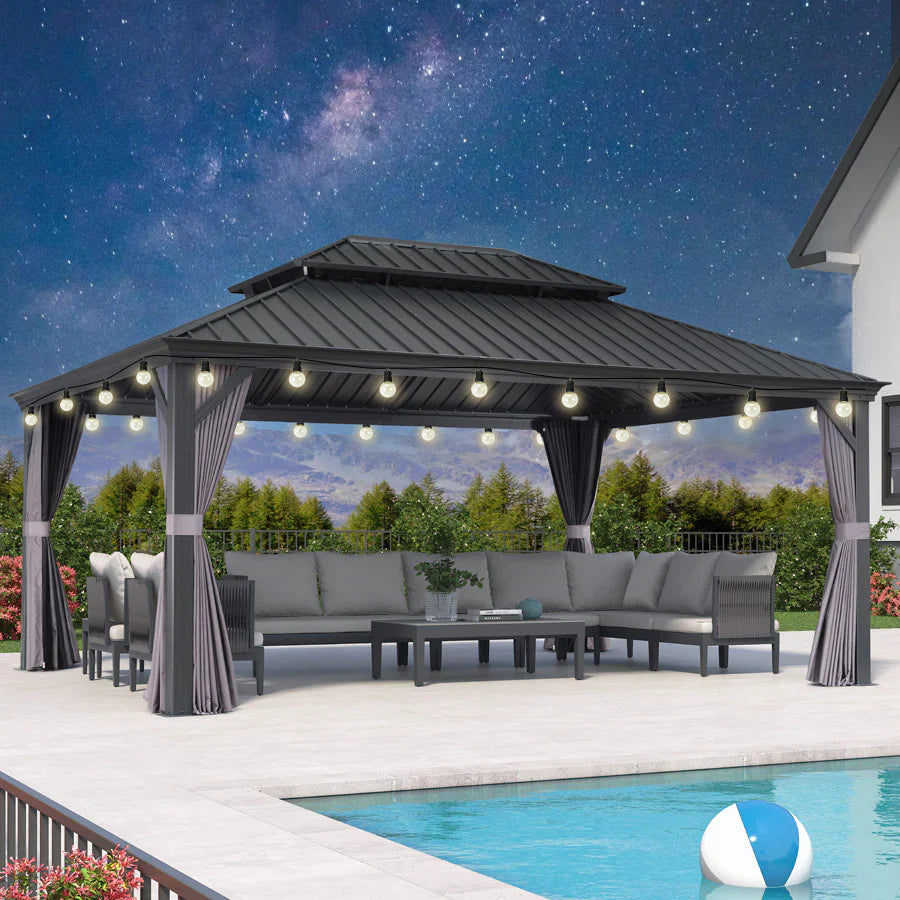 PURPLE LEAF Gazebo da Giardino Esterno, Padiglione da Giardino a Doppio Tetto in Acciaio Zincato Solido, con Luci Trasparenti, Modello Lusso - Grigio