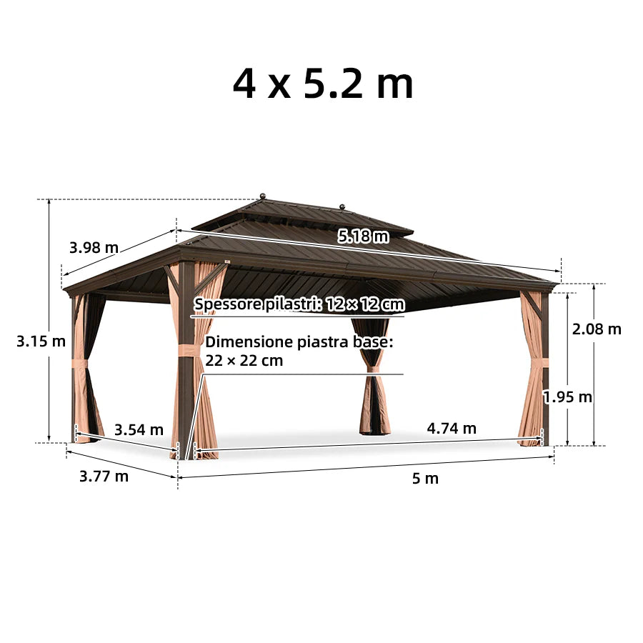 PURPLE LEAF Gazebo da Giardino con Tetto Rigido Doppio Tetto Bronzo, Pergola in Alluminio con Catena Luminosa Bianco Latte