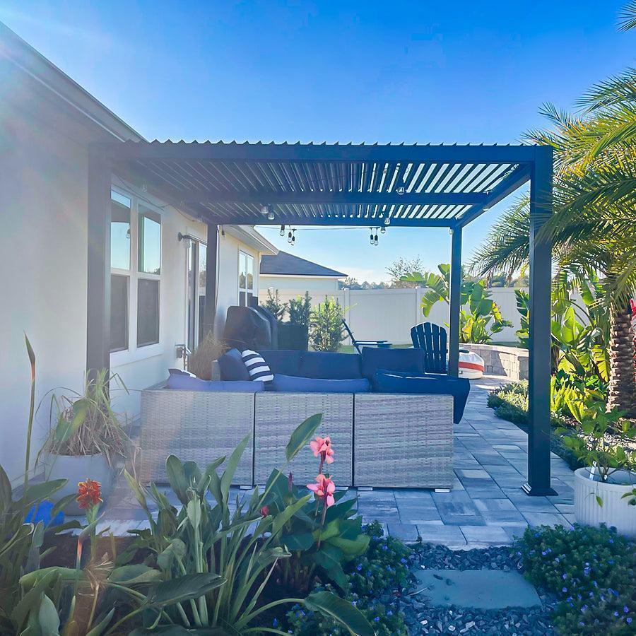 PURPLE LEAF Pergola Bioclimatica Pergola in Alluminio da Esterno struttura robusta drenaggio nascosto con Tetto Regolabile per Terrazzo e Giardino Grigio