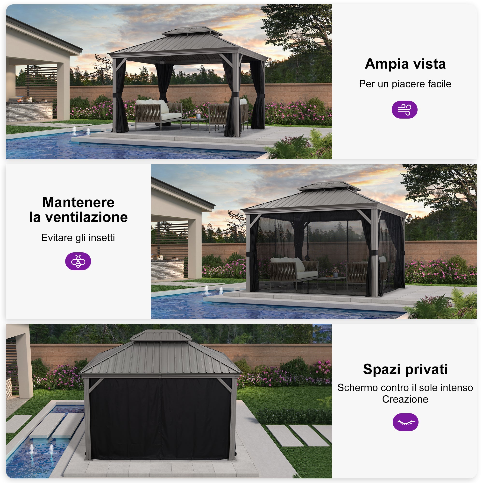 PURPLE LEAF Gazebo in Alluminio，Tetto Rigido in Acciaio Zincato, Tende Incluse, Grigio Chiaro