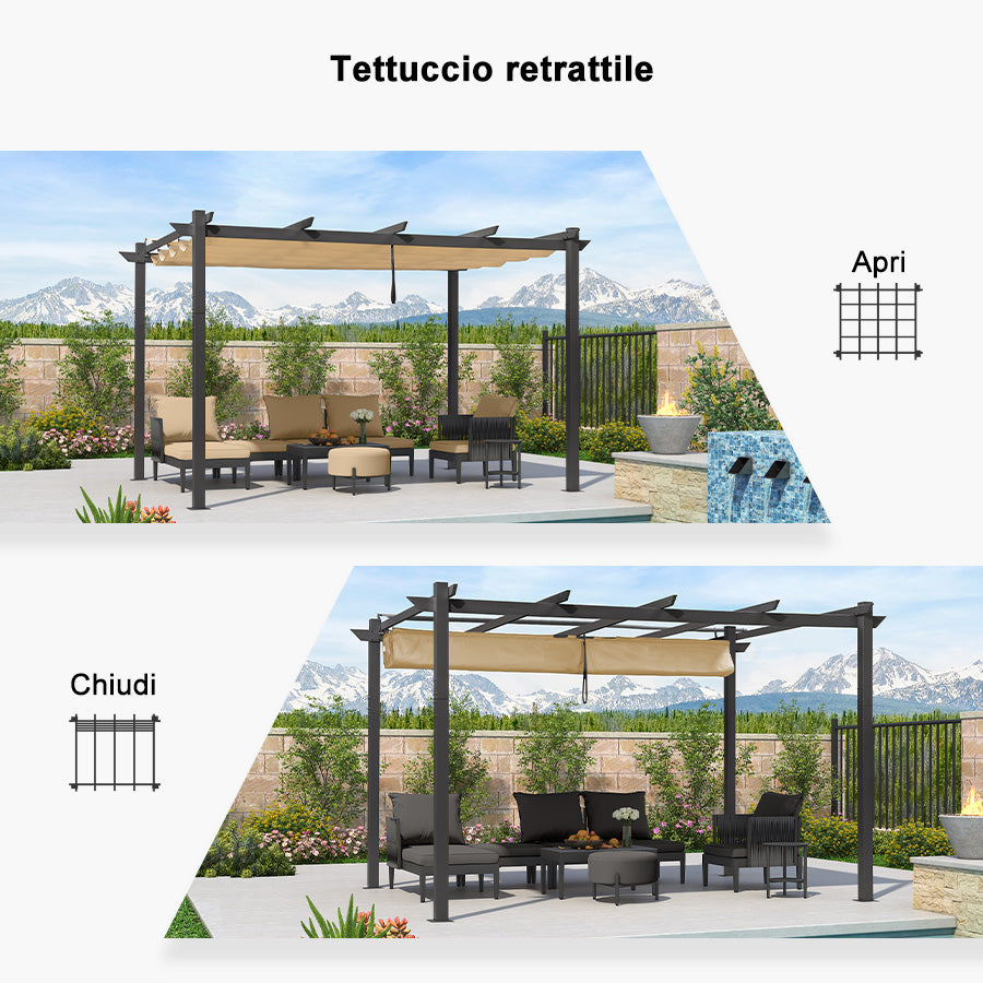 PURPLE LEAF pergola retrattile in alluminio per esterni con tettoia parasole, terrazza, riparo per cortile, padiglione barbecue in metallo-PRG