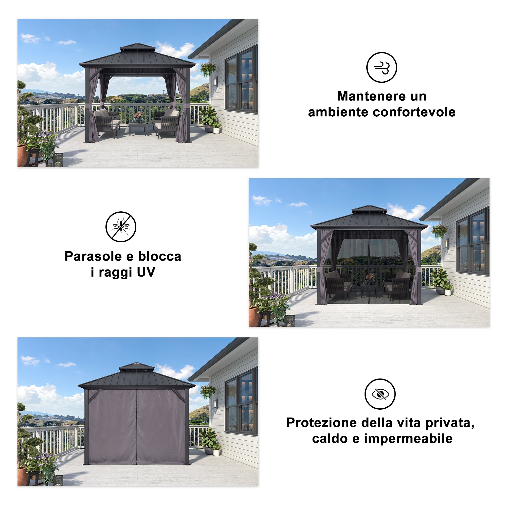 PURPLE LEAF Alluminio Gazebo Tetto Doppio in Acciaio Galvanizzato Zanzariere e Tende，Grigio con Ottimo Rapporto Qualità-Prezzo