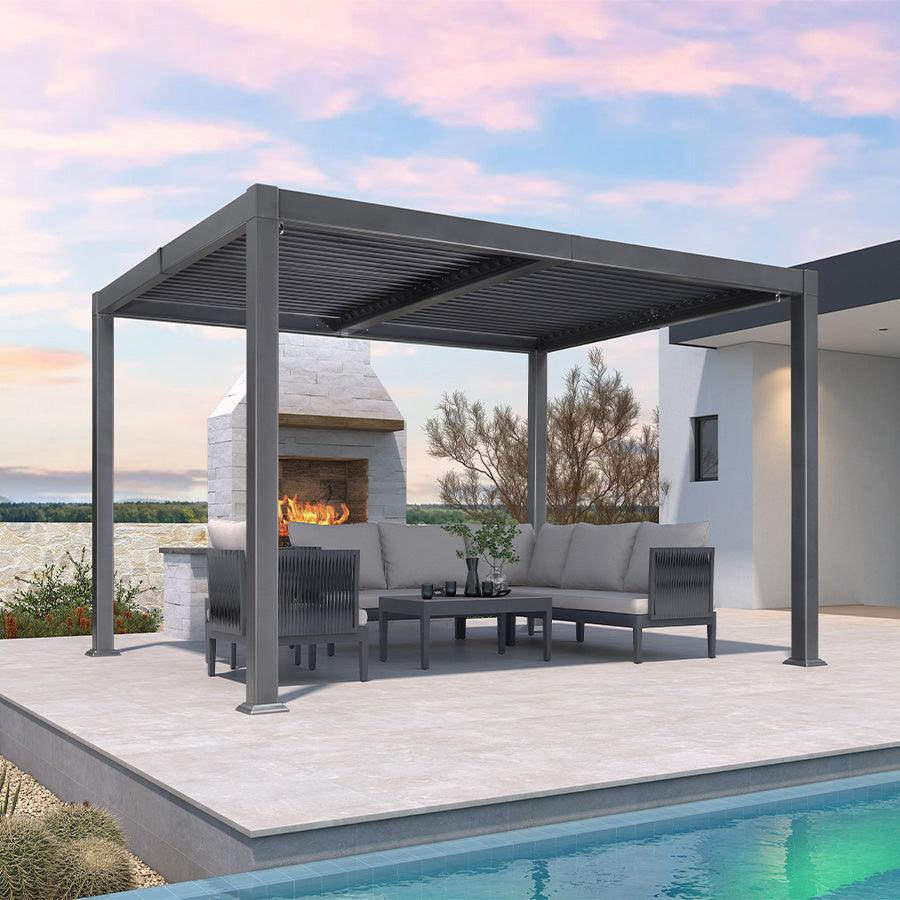 PURPLE LEAF Pergola Bioclimatica Pergola in Alluminio da Esterno struttura robusta drenaggio nascosto con Tetto Regolabile per Terrazzo e Giardino Grigio