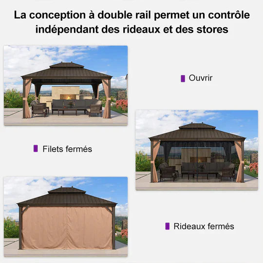 PURPLE LEAF Gazebo da Giardino con Tetto Rigido Doppio Tetto Bronzo, Pergola in Alluminio con Catena Luminosa Bianco Latte
