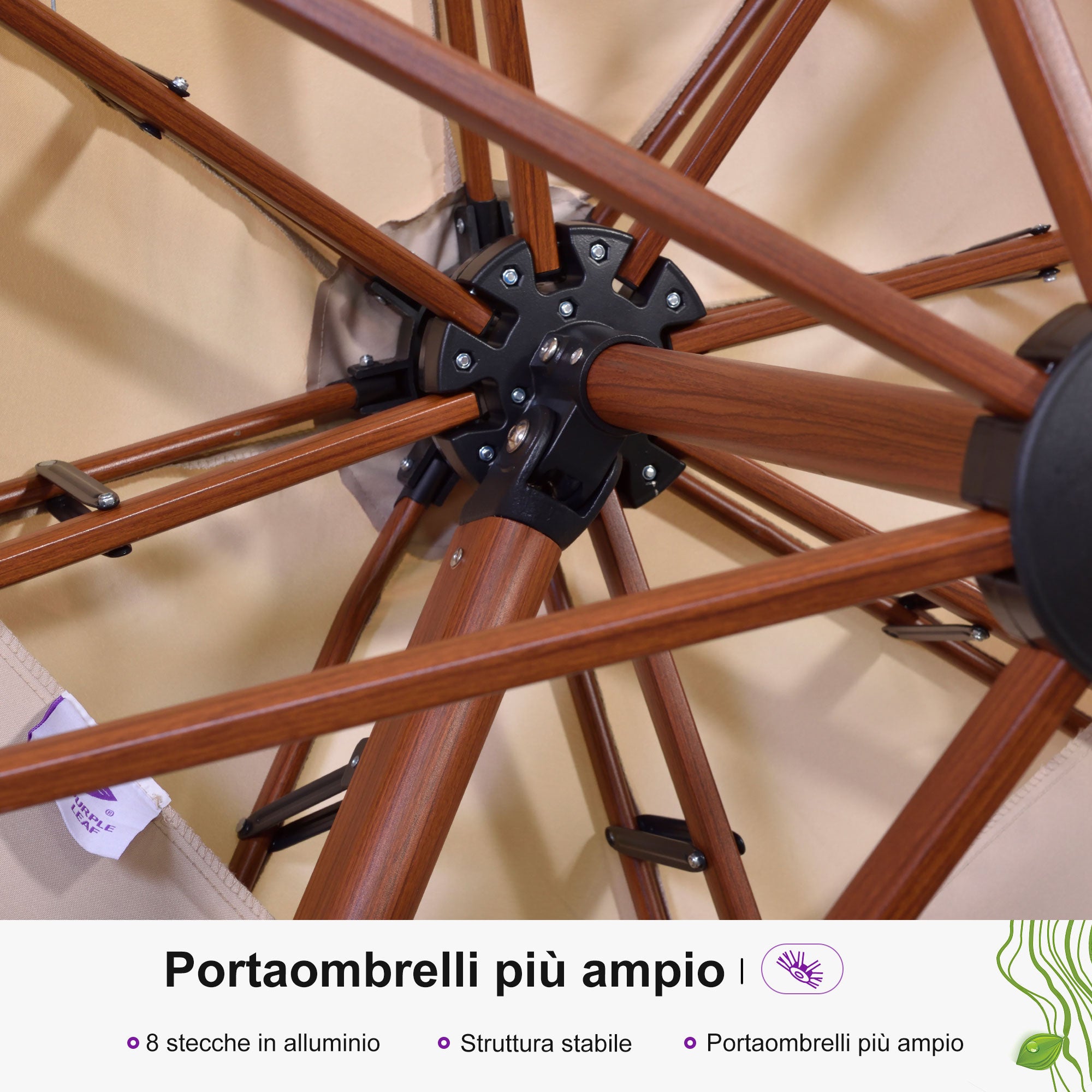 PURPLE LEAF Ombrellone in Alluminio Quadrato Doppio Top in colore legno ,con Base