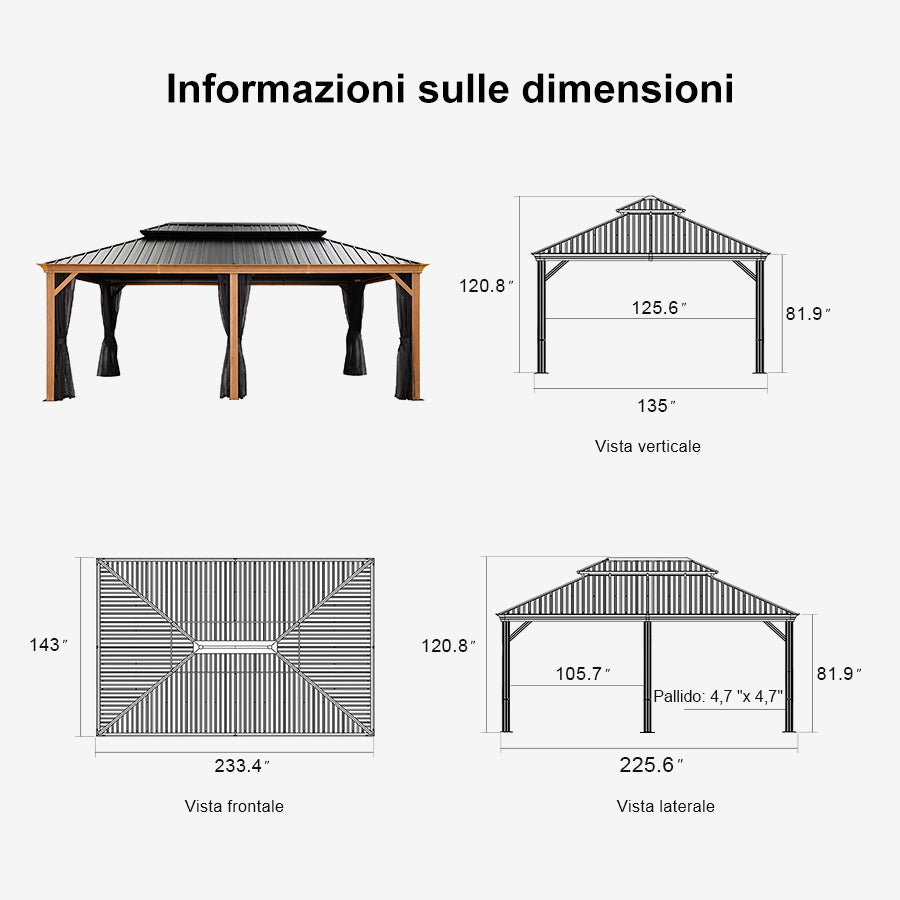 PURPLE LEAF Gazebo da Giardino Impermeabile con Tetto Rigido in Legno con Venature del Legno e Tetto in Acciaio e Alluminio Effetto Legno