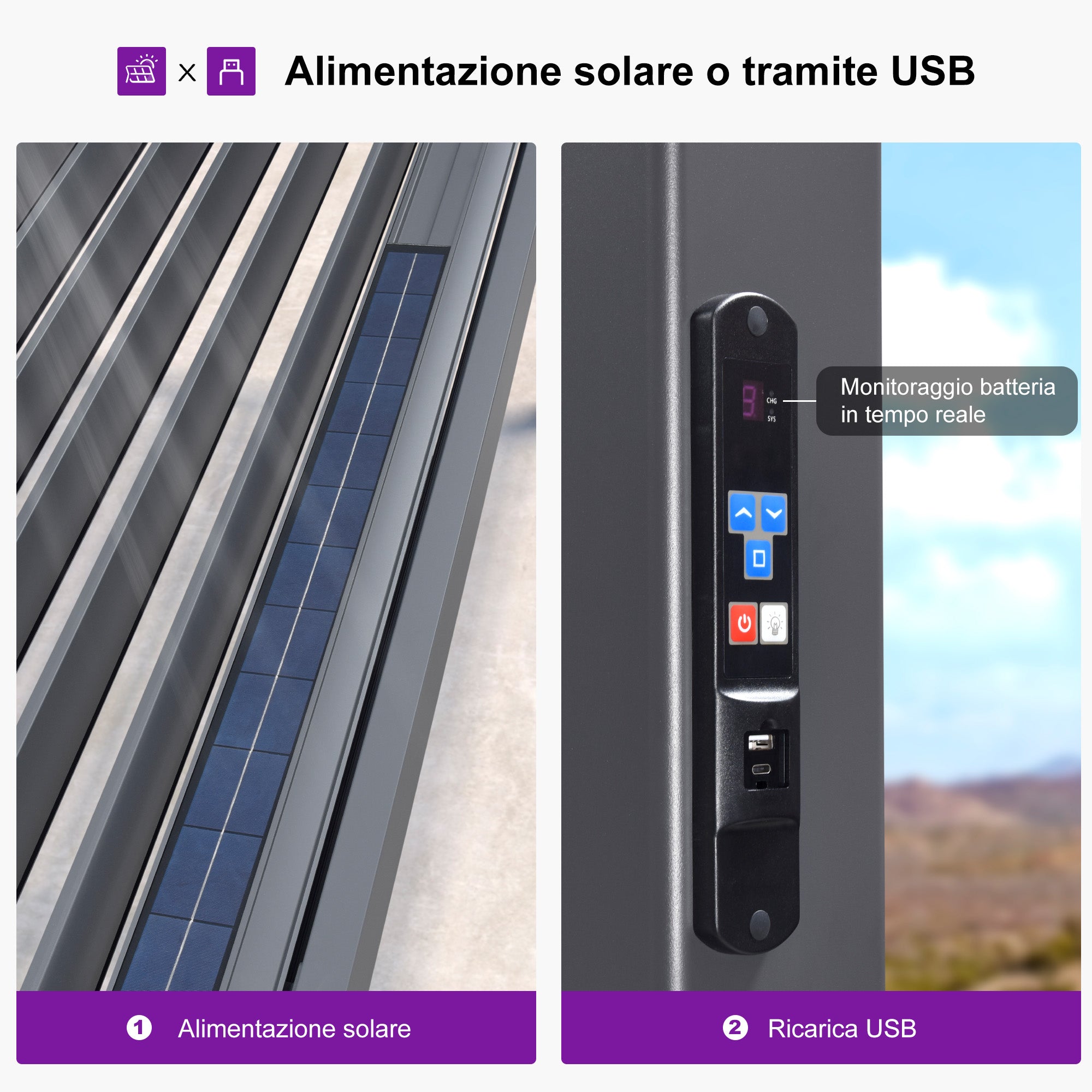 PURPLE LEEF Pergola Bioclimatica con Copertura a Lamelle e Luce LED Integrata per Terrazzo e Giardino, Grigio