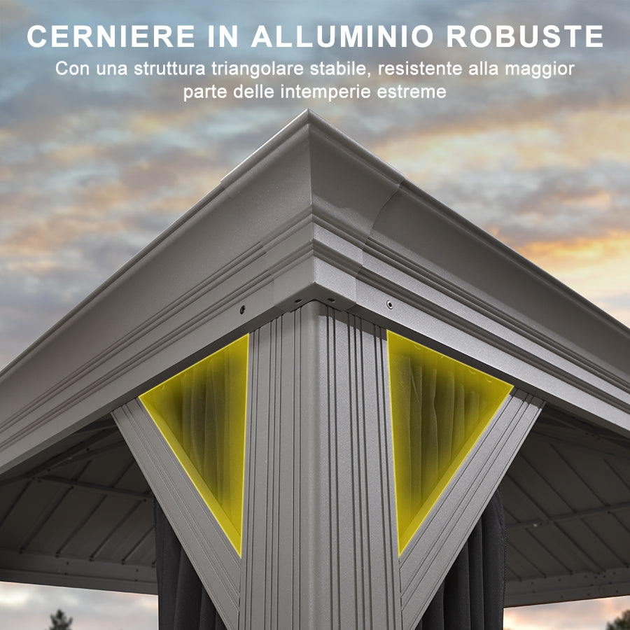 PURPLE LEAF Gazebo in Alluminio，Tetto Rigido in Acciaio Zincato, Tende Incluse, Grigio Chiaro