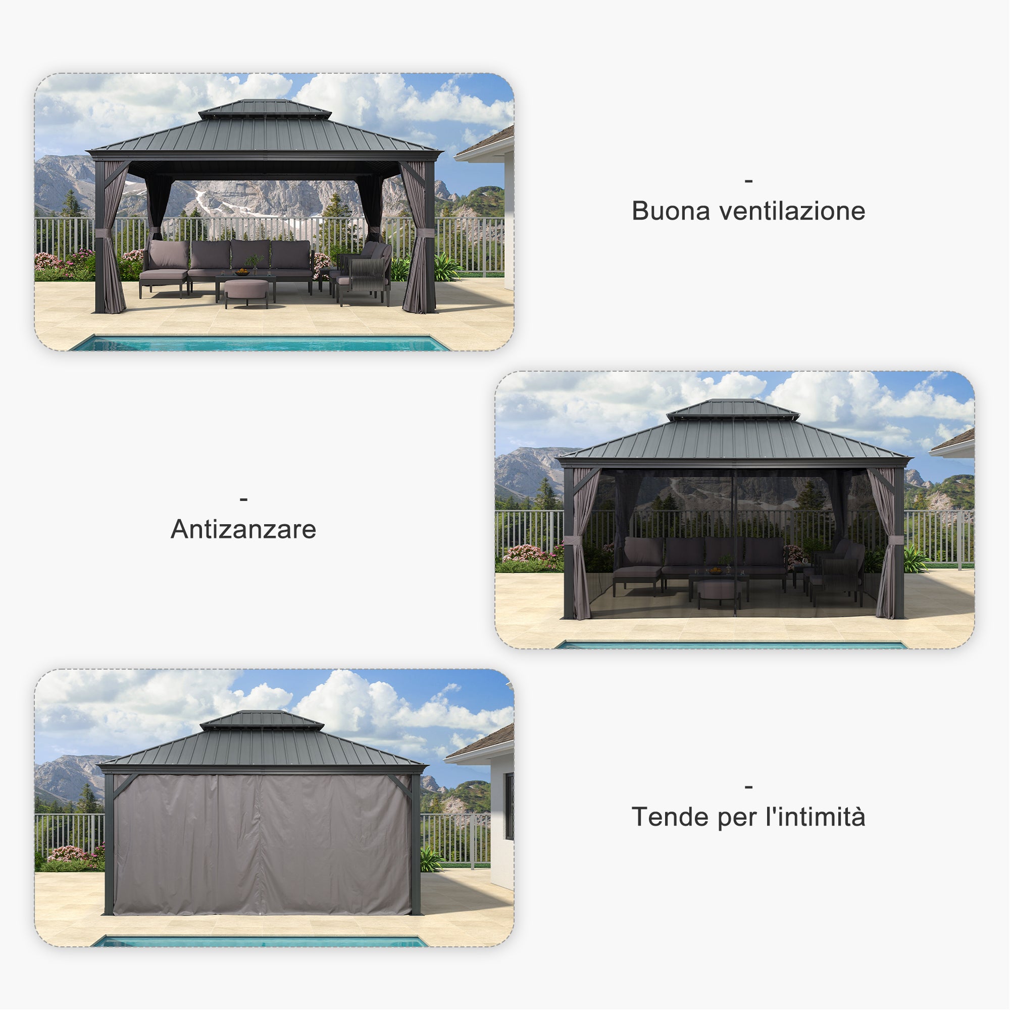 PURPLE LEAF  Alluminio Gazebo Giardino con Zanzariere e Tende Tetto Doppio in Acciaio Galvanizzato, Grigio