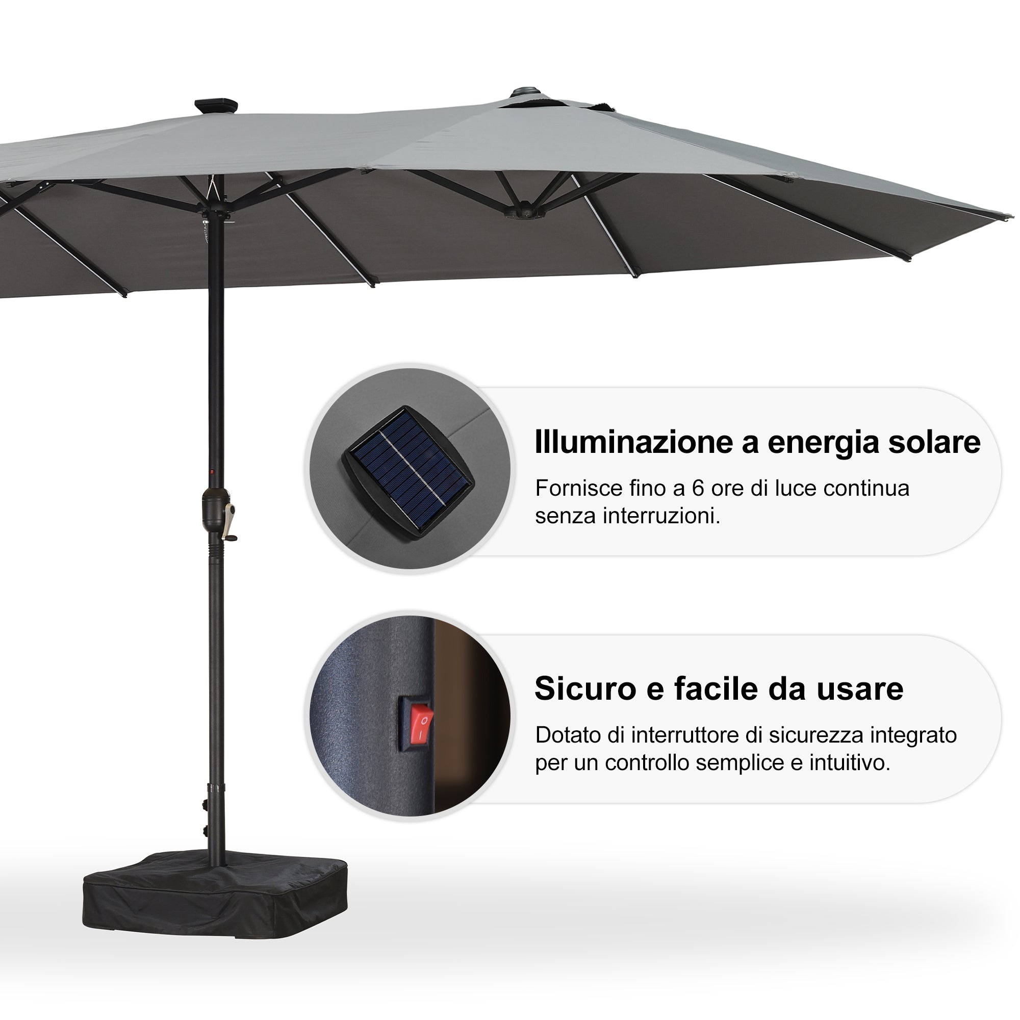 PURPLE LEAF Ombrellone doppio con illuminazione LED con base inclusa per esterni
