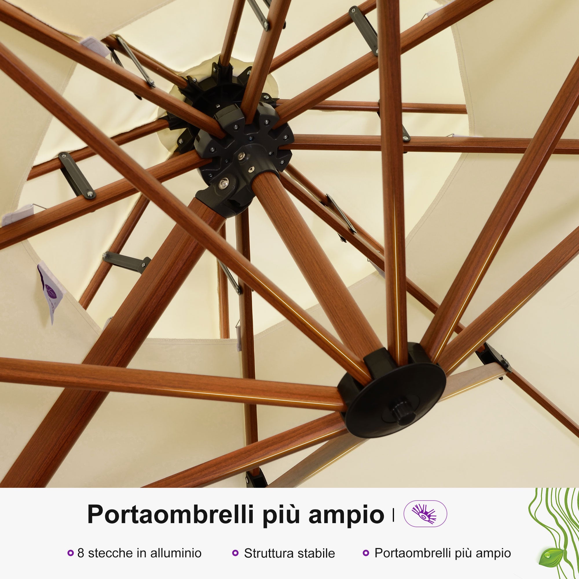 PURPLE LEAF Ombrellone in Alluminio Quadrato Doppio Top in colore legno ,con Base