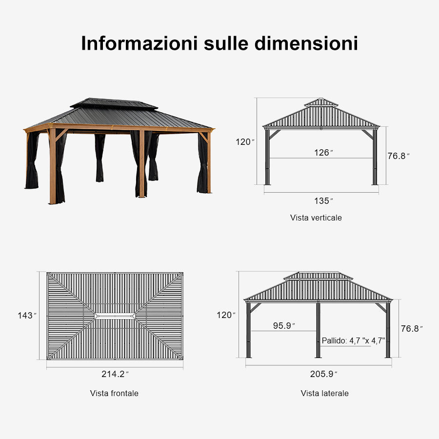 PURPLE LEAF Gazebo da Giardino Impermeabile con Tetto Rigido in Legno con Venature del Legno e Tetto in Acciaio e Alluminio Effetto Legno