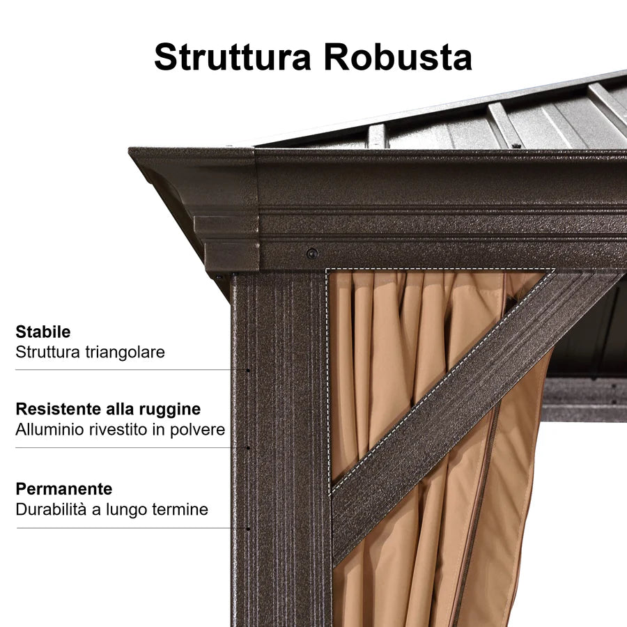 PURPLE LEAF Tonnelle da Giardino, Tetto Doppio in Acciaio Galvanizzato, con Tende Migliorate e Guirlande Luminose Trasparenti, Bronzo
