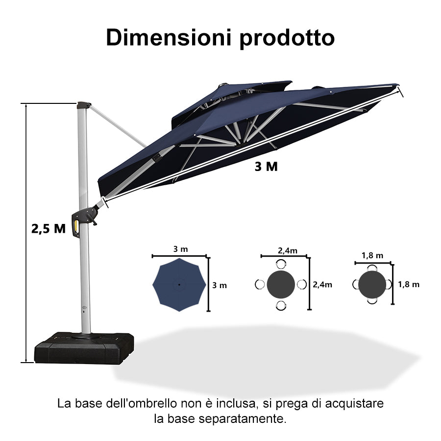 PURPLE LEAF Ombrellone Classico da Giardino Rotondo con Doppia Top e Rotazione a 360 Gradi ,con Base