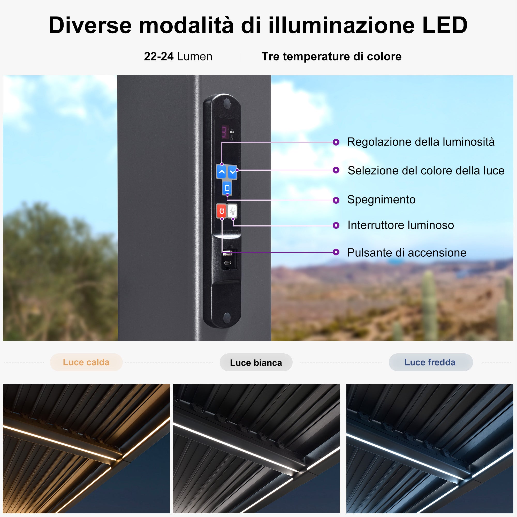 PURPLE LEEF Pergola Bioclimatica con Copertura a Lamelle e Luce LED Integrata per Terrazzo e Giardino, Grigio