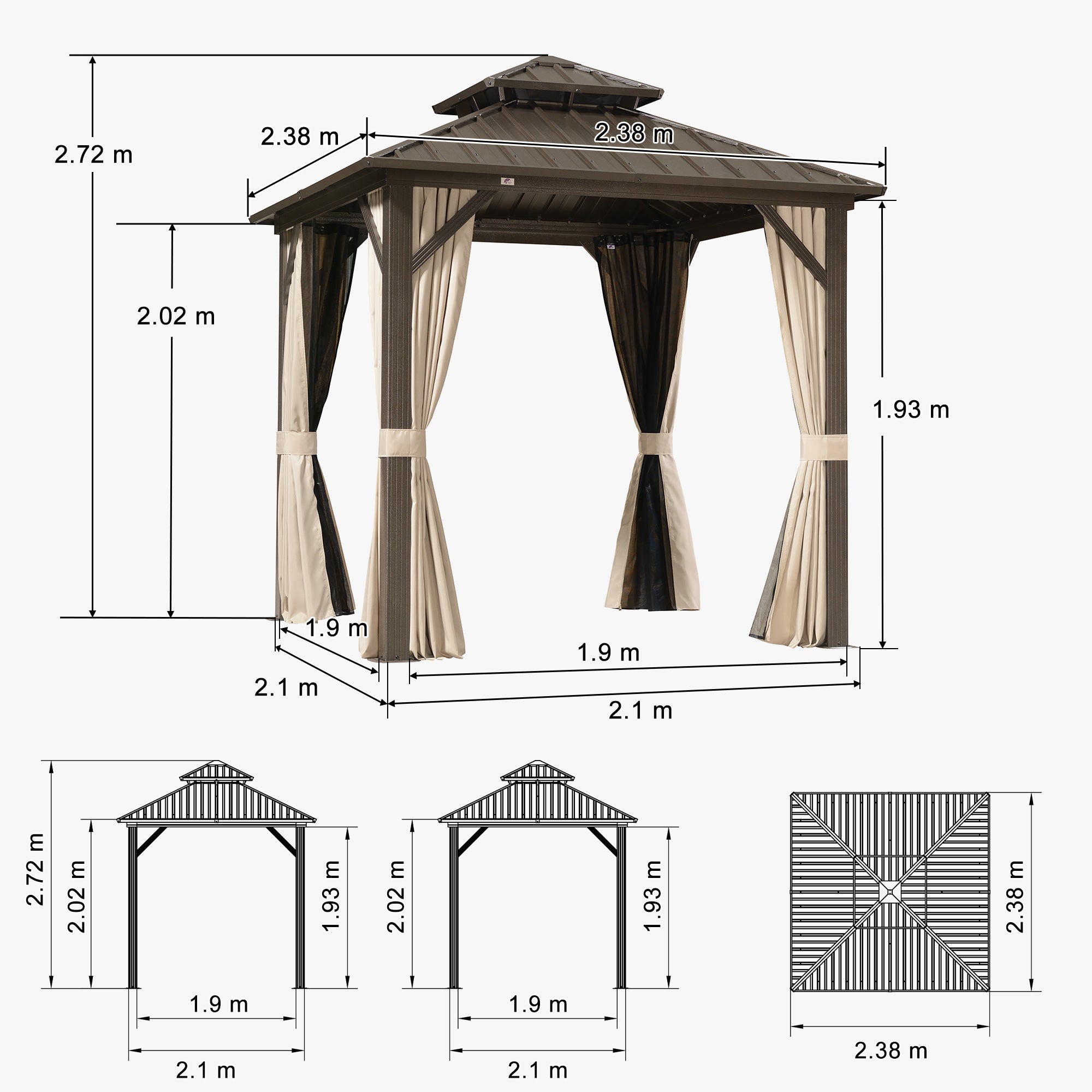 PURPLE LEAF Gazebo da Giardino In Alluminio Impermeabile e Stabile Doppio Tetto in Acciaio Galvanizzato Versione Economica - Bronzo