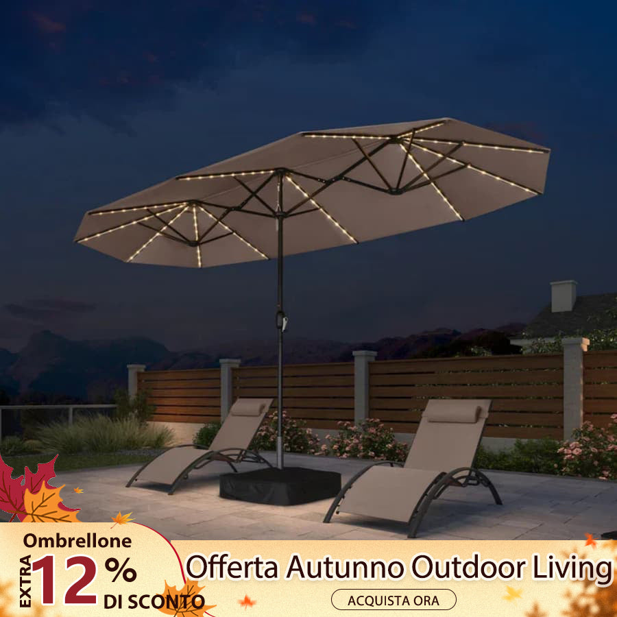 PURPLE LEAF Ombrellone doppio con illuminazione LED con base inclusa per esterni
