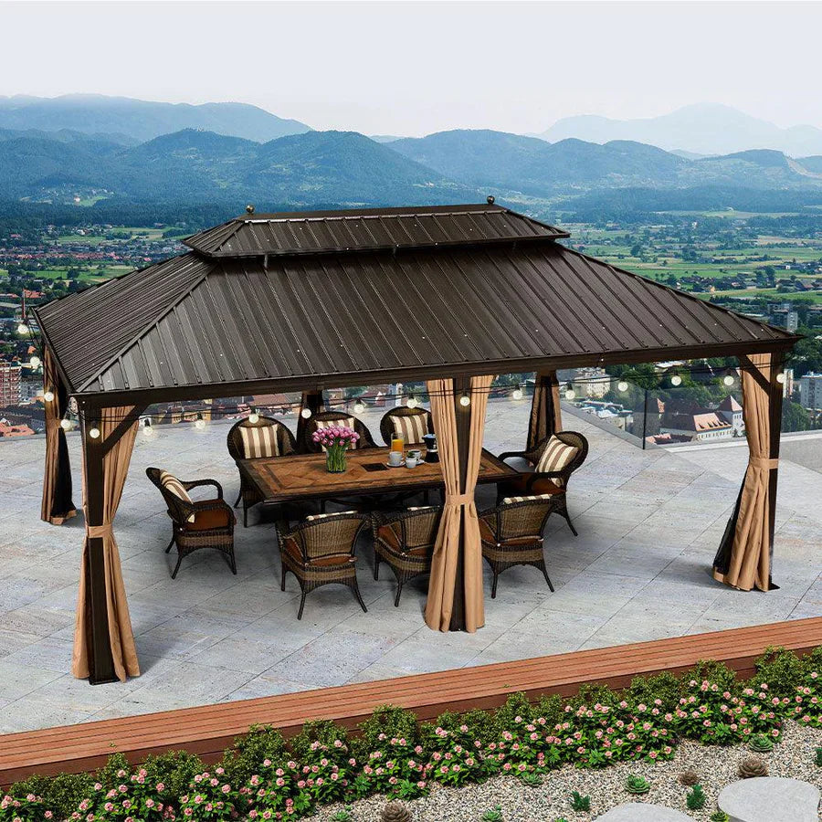 PURPLE LEAF Tonnelle da Giardino, Tetto Doppio in Acciaio Galvanizzato, con Tende Migliorate e Guirlande Luminose Trasparenti, Bronzo