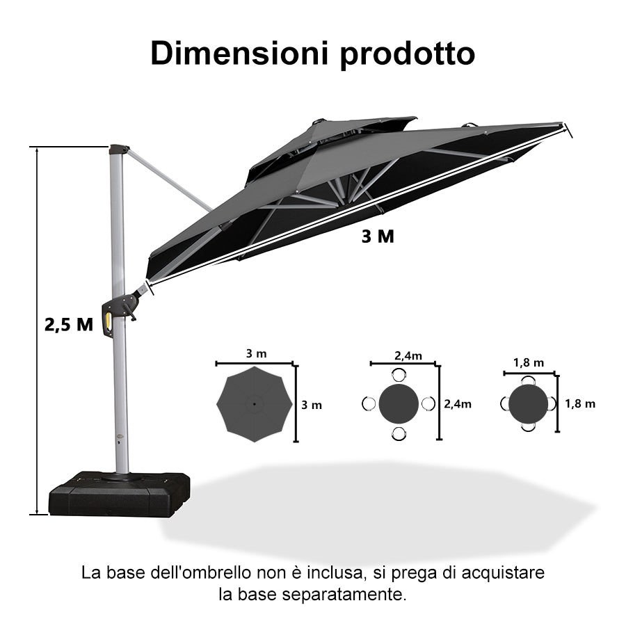PURPLE LEAF Ombrellone Classico da Giardino Rotondo con Doppia Top e Rotazione a 360 Gradi ,con Base