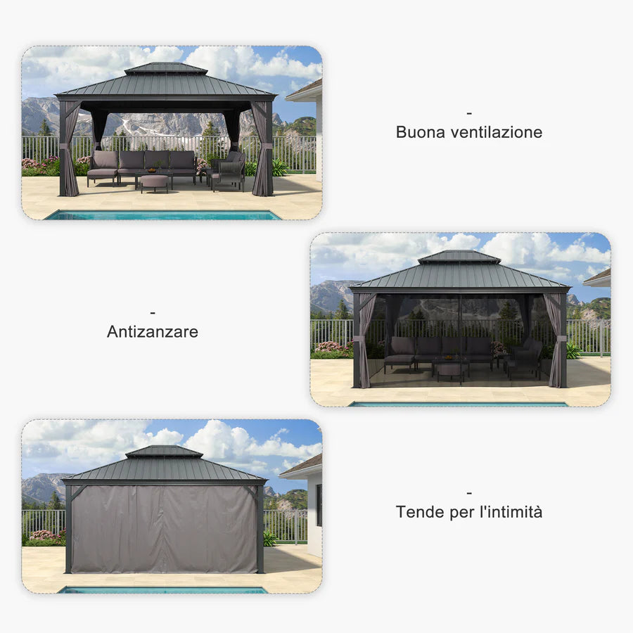 PURPLE LEAF Gazebo da Giardino Esterno, Padiglione da Giardino a Doppio Tetto in Acciaio Zincato Solido, con Luci Trasparenti, Modello Lusso - Grigio