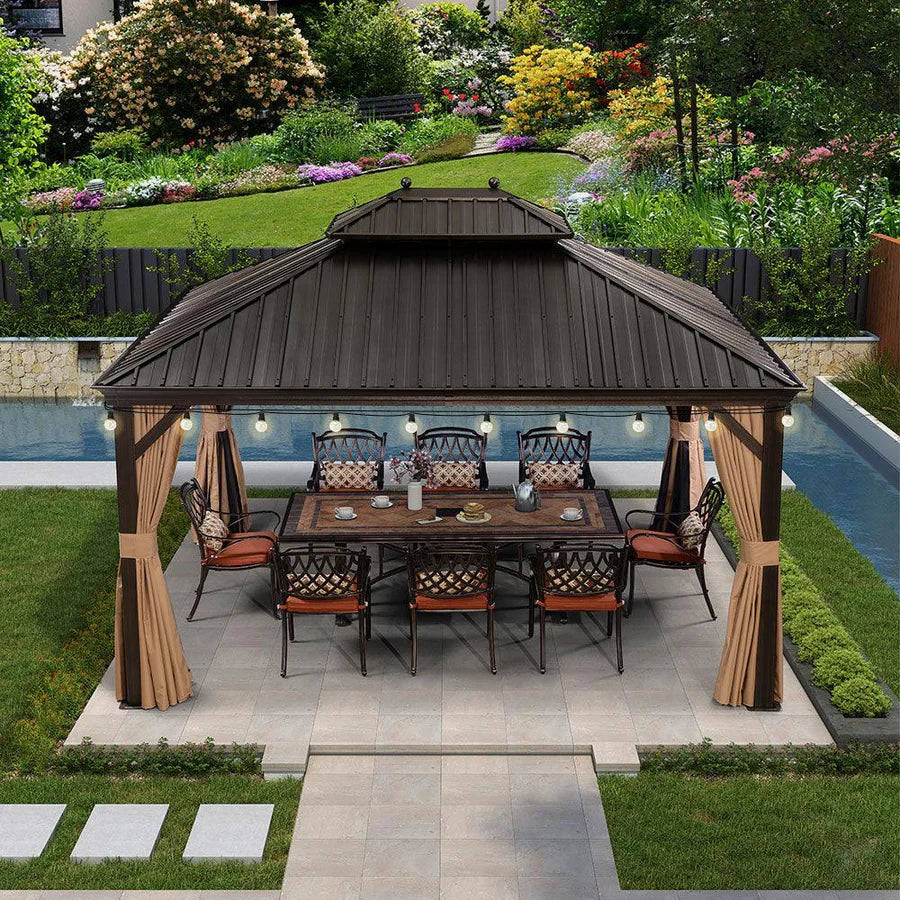 PURPLE LEAF Tonnelle da Giardino, Tetto Doppio in Acciaio Galvanizzato, con Tende Migliorate e Guirlande Luminose Trasparenti, Bronzo