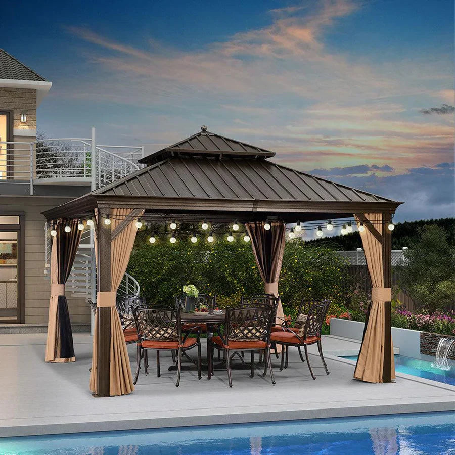 PURPLE LEAF Tonnelle da Giardino, Tetto Doppio in Acciaio Galvanizzato, con Tende Migliorate e Guirlande Luminose Trasparenti, Bronzo