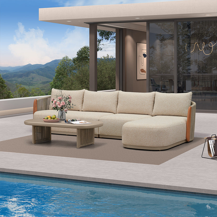 MC Hailar L-Shaped Patio Conversation Set with Genuine Teak Cushions and Pillows Olefin Rope Backrest Outdoor Couch Sets for Backyard Porch