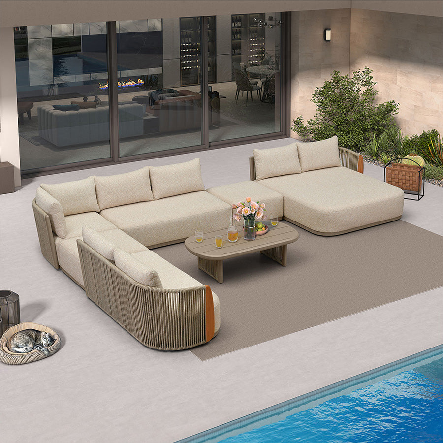 MC Hailar L-Shaped Patio Conversation Set with Genuine Teak Cushions and Pillows Olefin Rope Backrest Outdoor Couch Sets for Backyard Porch