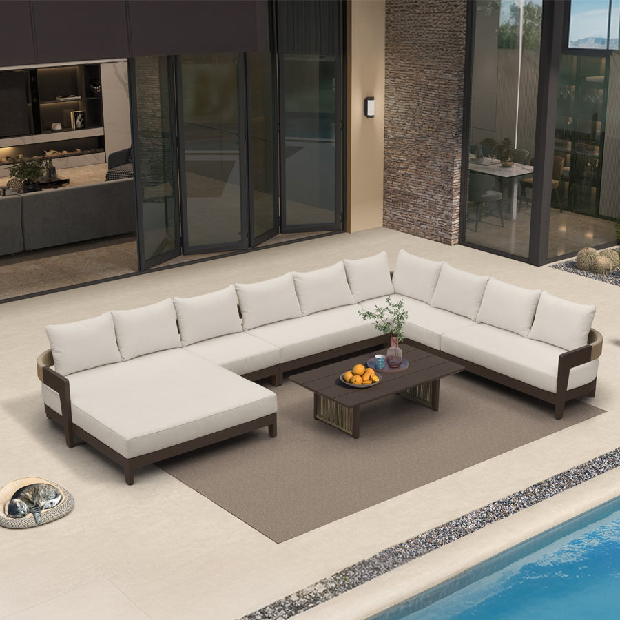 MC Tuscany U-Shaped Patio Conversation Set with Removable Cushions and Pillows Bronze Aluminum Frame Outdoor Couch Sets for Porch Yard Garden