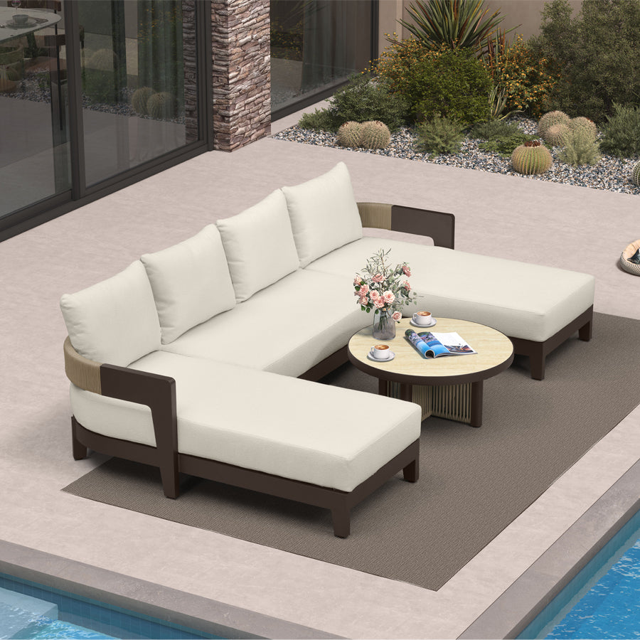 MC Tuscany U-Shaped Patio Conversation Set with Removable Cushions and Pillows Bronze Aluminum Frame Outdoor Couch Sets for Porch Yard Garden