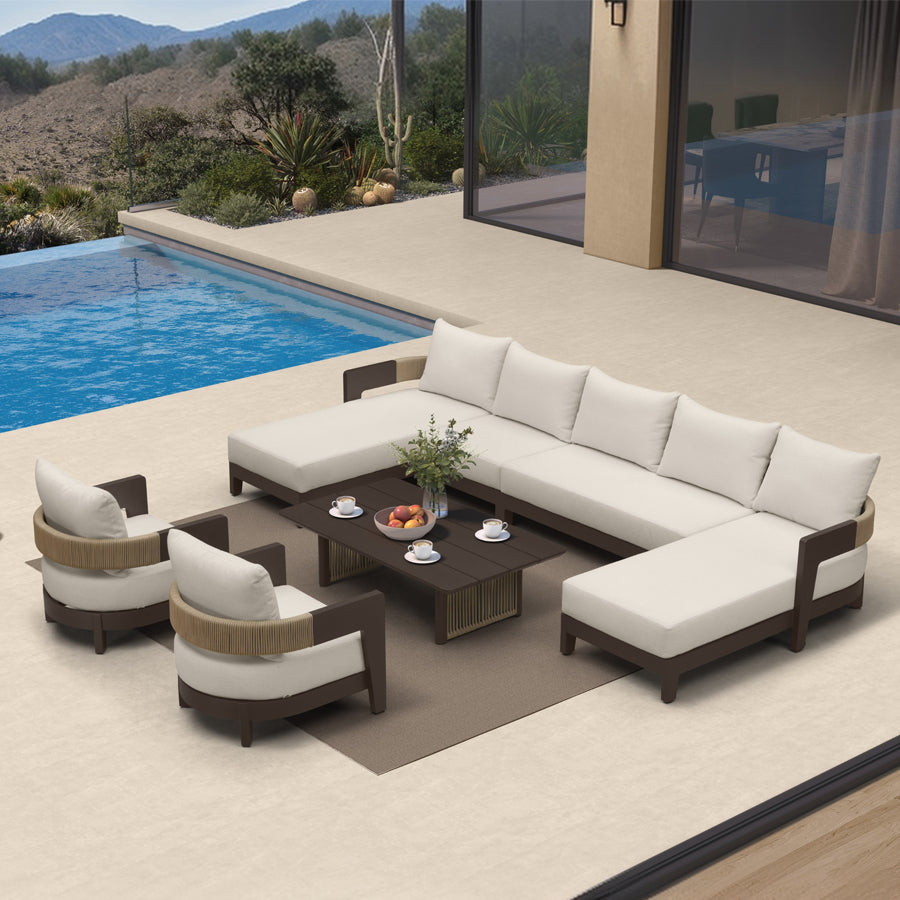 MC Tuscany U-Shaped Patio Conversation Set with Removable Cushions and Pillows Bronze Aluminum Frame Outdoor Couch Sets for Porch Yard Garden