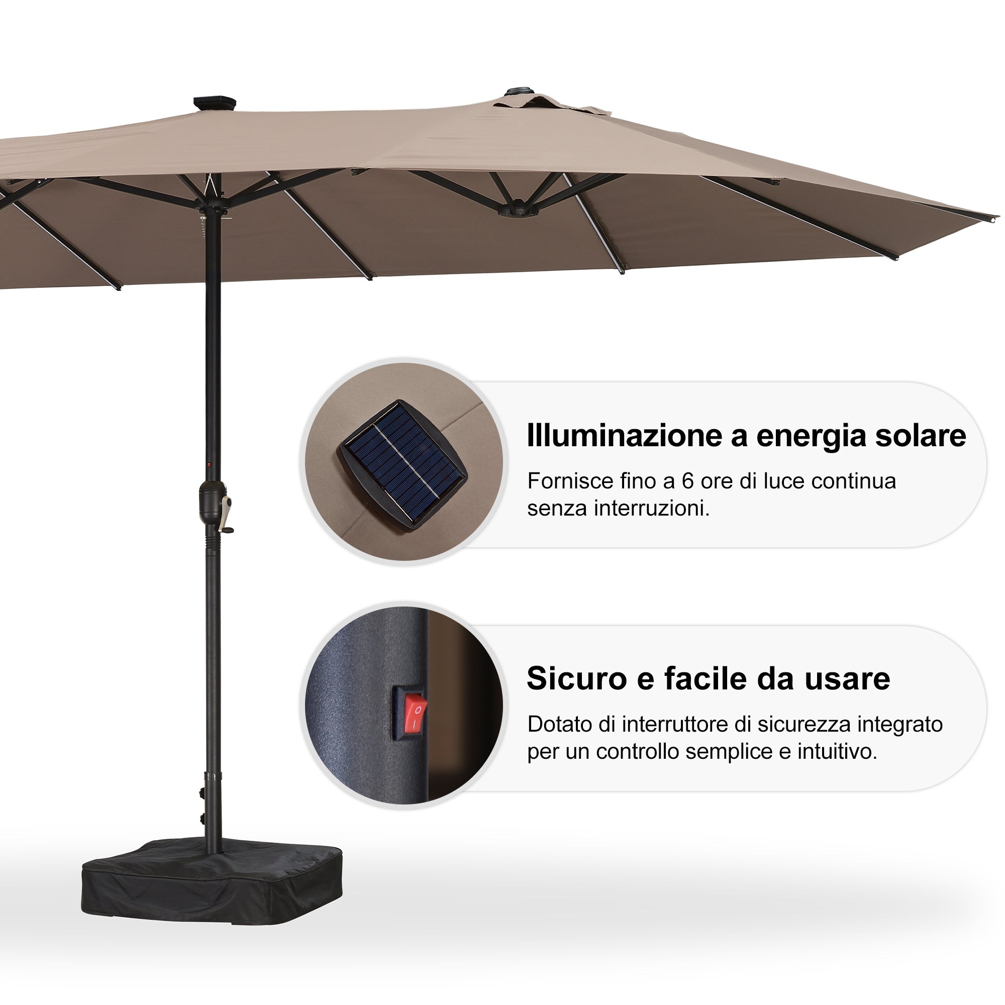 PURPLE LEAF Ombrellone doppio con illuminazione LED con base inclusa per esterni