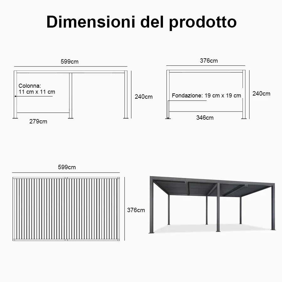 PURPLE LEAF Pergola Bioclimatica a Lamelle con Tetto Regolabile Moderna Alluminio Pergolati da Giardino per Patio Terrazza Esterno Grigio