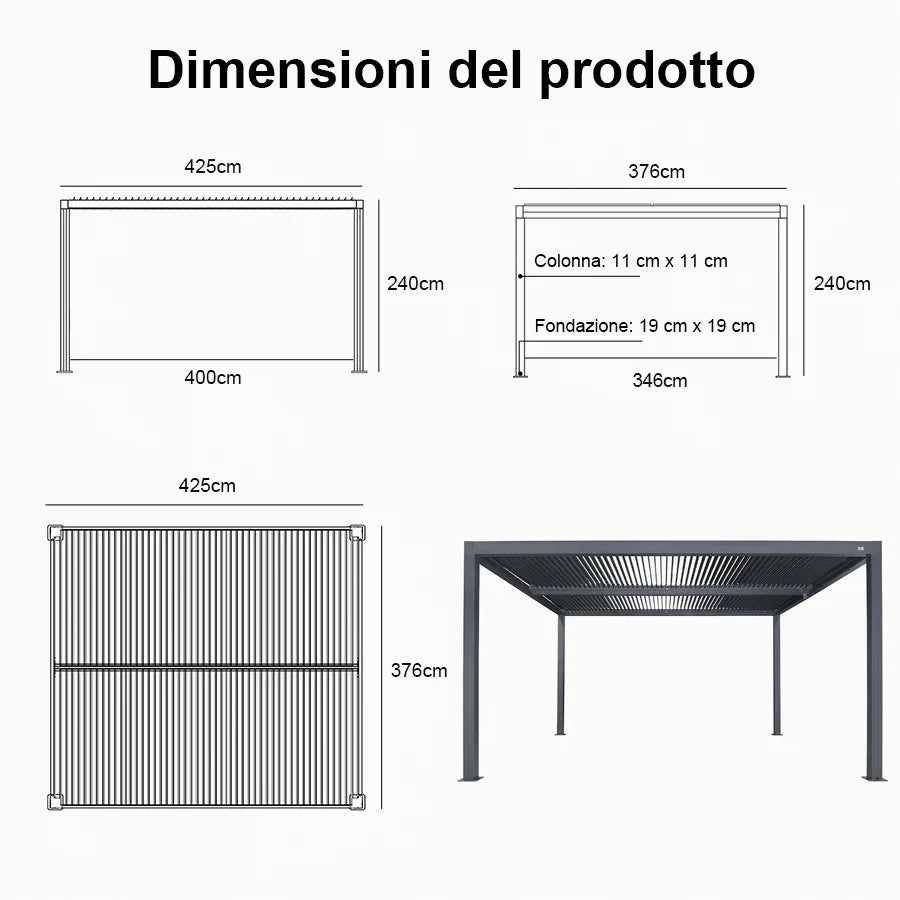 PURPLE LEAF Pergola Bioclimatica a Lamelle con Tetto Regolabile Moderna Alluminio Pergolati da Giardino per Patio Terrazza Esterno Grigio