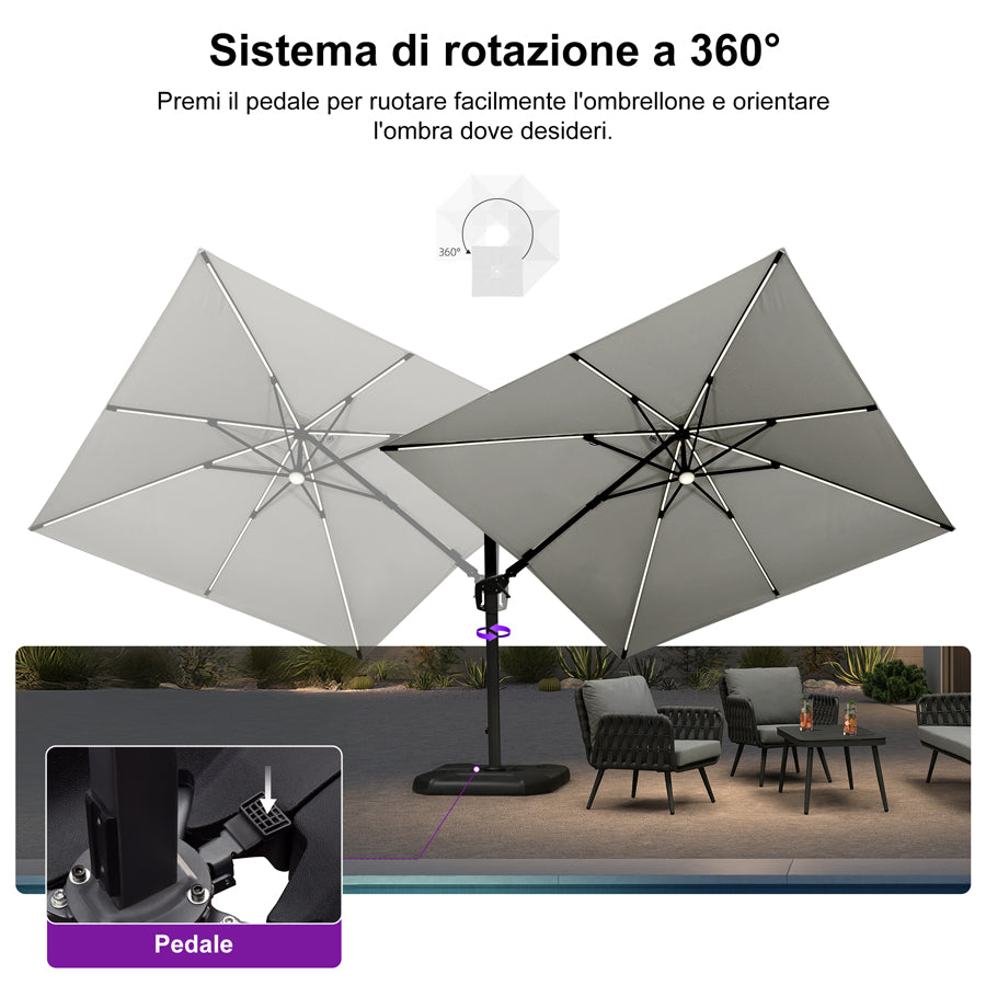 PURPLE LEAF Ombrellone da Giardino LED Quadrato 300x300 cm, Inclinabile e Girevole a 360° per Terrazza e Piscina