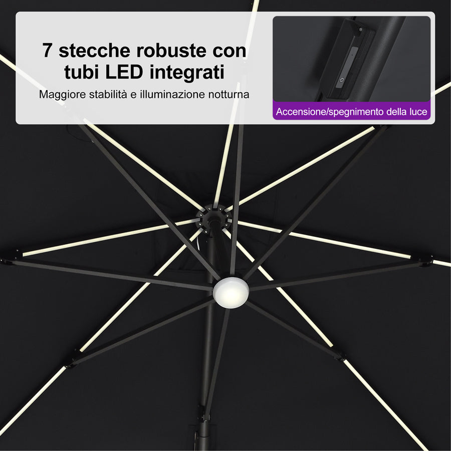 PURPLE LEAF Ombrellone da Giardino LED Quadrato 300x300 cm, Inclinabile e Girevole a 360° per Terrazza e Piscina
