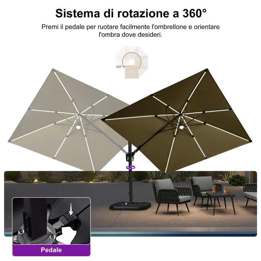 PURPLE LEAF Ombrellone da Giardino LED Quadrato 300x300 cm, Inclinabile e Girevole a 360° per Terrazza e Piscina