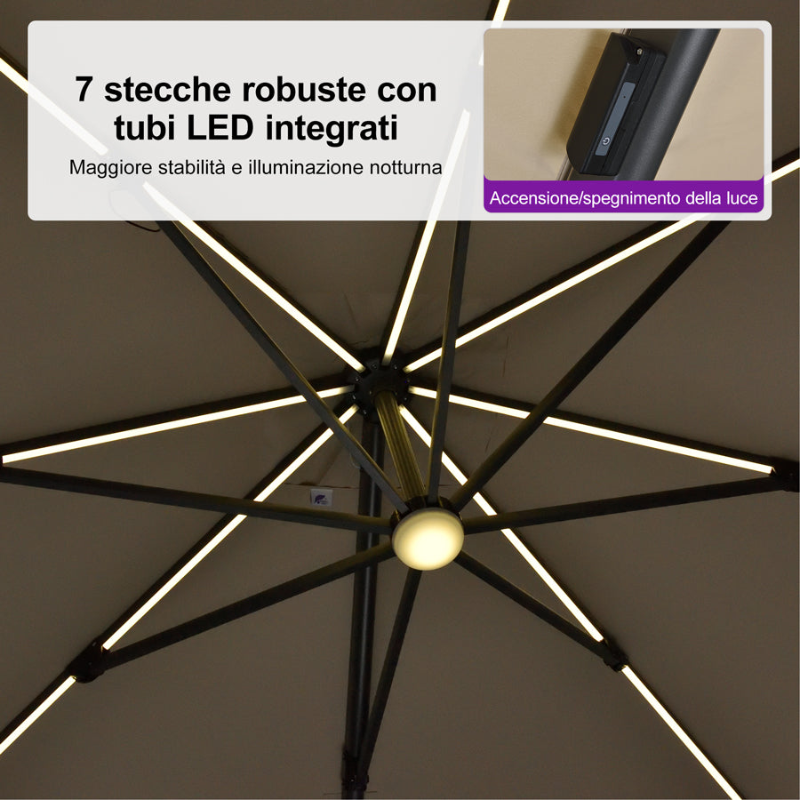 PURPLE LEAF Ombrellone da Giardino LED Quadrato 300x300 cm, Inclinabile e Girevole a 360° per Terrazza e Piscina