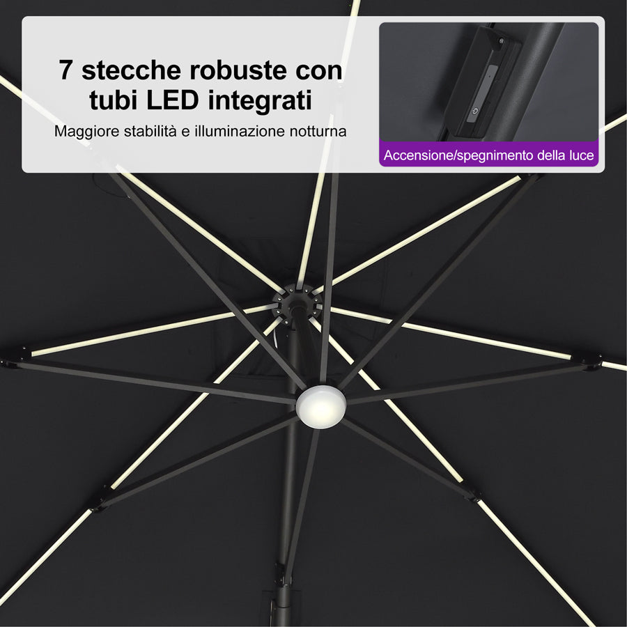 PURPLE LEAF Ombrellone da Giardino LED Quadrato 300x300 cm, Inclinabile e Girevole a 360° per Terrazza e Piscina